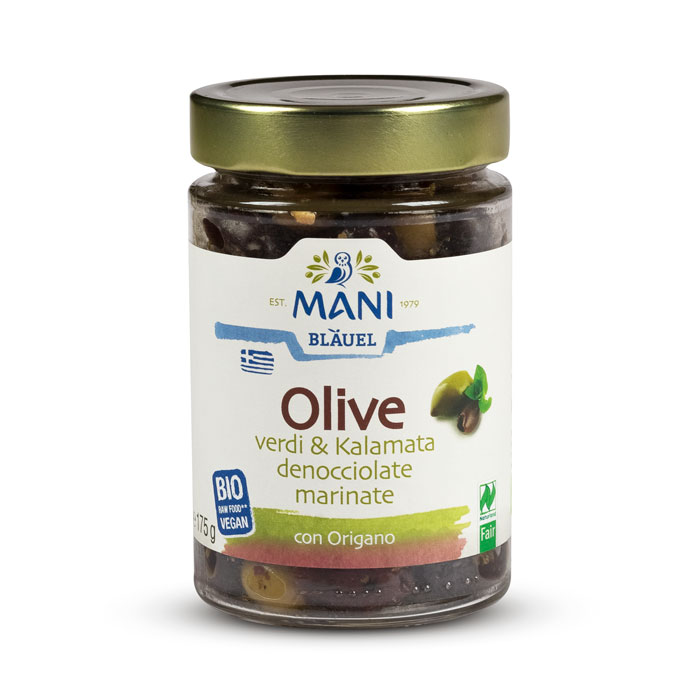 MANI Olive verdi & Kalamata marinate con Origano - denocciolate