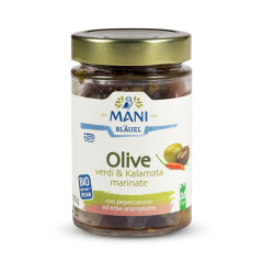 MANI Olive verdi & Kalamata marinate con Peperoncino ed Erbe aromatiche